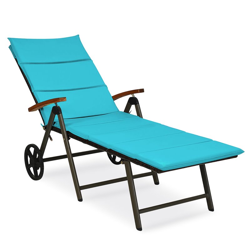 Pemberly Row Aluminum Rattan Patio Lounger Recliner Chair w/ Wheels in Turquoise