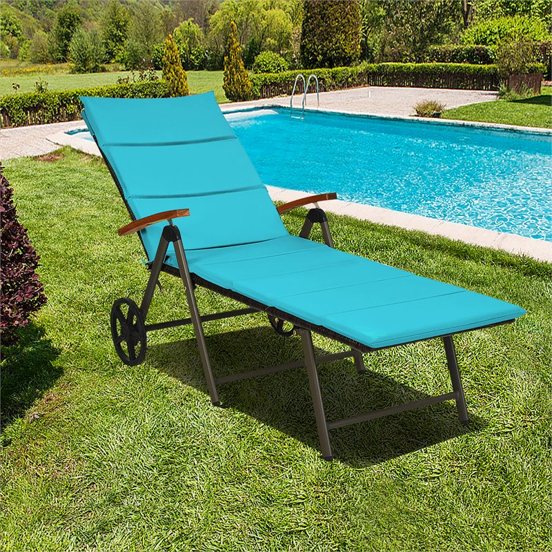 Pemberly Row Aluminum Rattan Patio Lounger Recliner Chair w/ Wheels in Turquoise