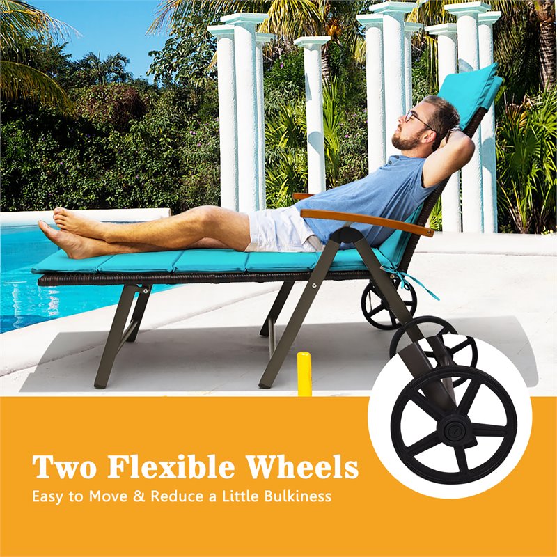 Pemberly Row Aluminum Rattan Patio Lounger Recliner Chair w/ Wheels in Turquoise