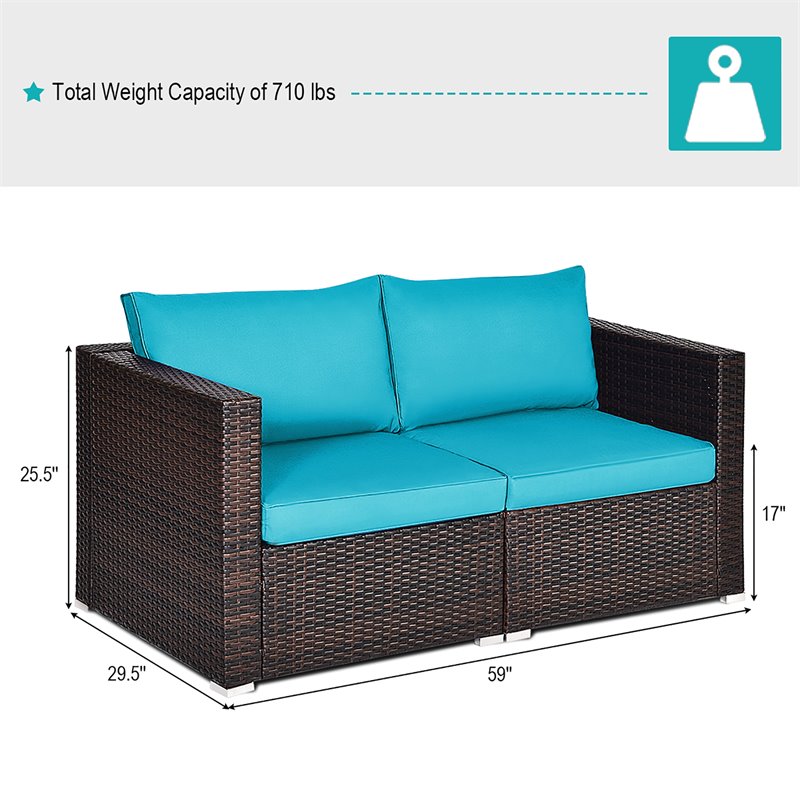Pemberly Row 2-piece Rattan Patio Corner Sofa Set with Blue Cushion in Brown