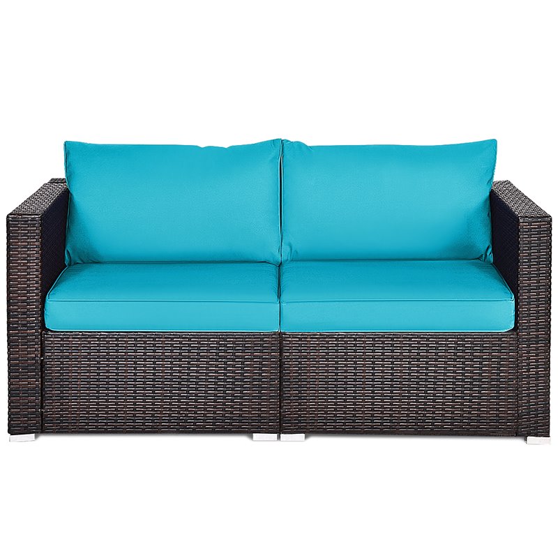 Pemberly Row 2-piece Rattan Patio Corner Sofa Set with Blue Cushion in Brown