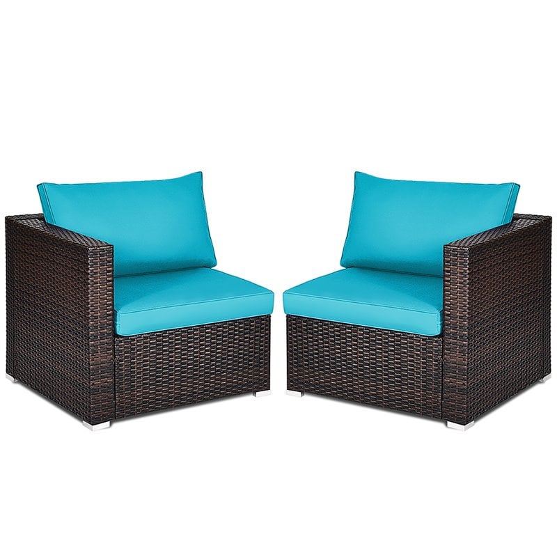 Pemberly Row 2-piece Rattan Patio Corner Sofa Set with Blue Cushion in Brown