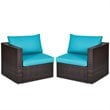 Pemberly Row 2-piece Rattan Patio Corner Sofa Set with Blue Cushion in Brown