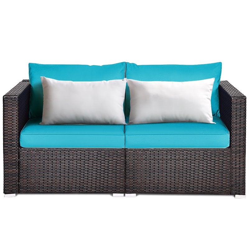 Pemberly Row 2-piece Rattan Patio Corner Sofa Set with Blue Cushion in Brown