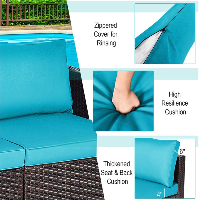 Pemberly Row 2-piece Rattan Patio Corner Sofa Set with Blue Cushion in Brown