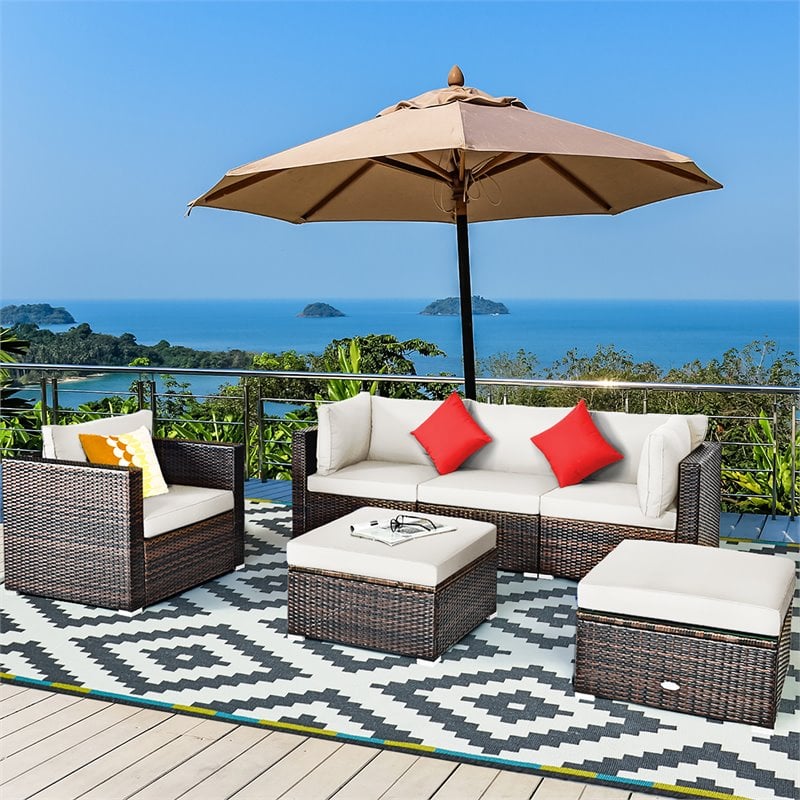Pemberly Row 6-Pc Rattan Patio Furniture Set w/ Sponge Padded Cushions in White