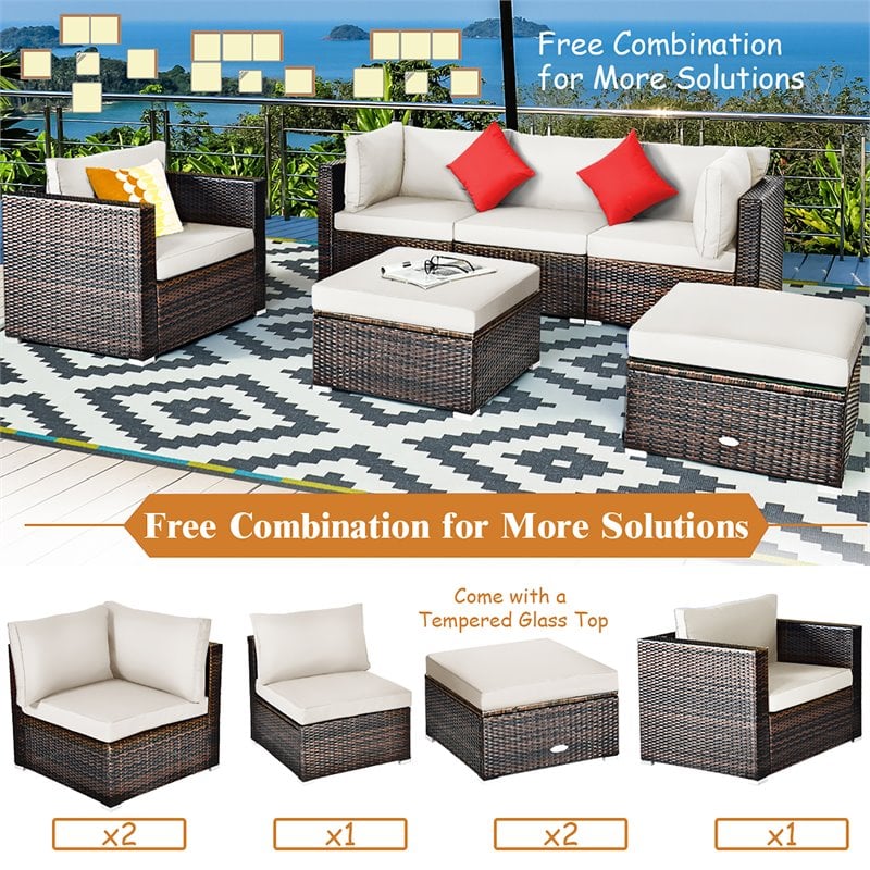 Pemberly Row 6-Pc Rattan Patio Furniture Set w/ Sponge Padded Cushions in White
