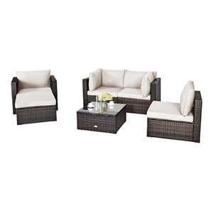 Pemberly Row 6-Pc Rattan Patio Furniture Set w/ Sponge Padded Cushions in White