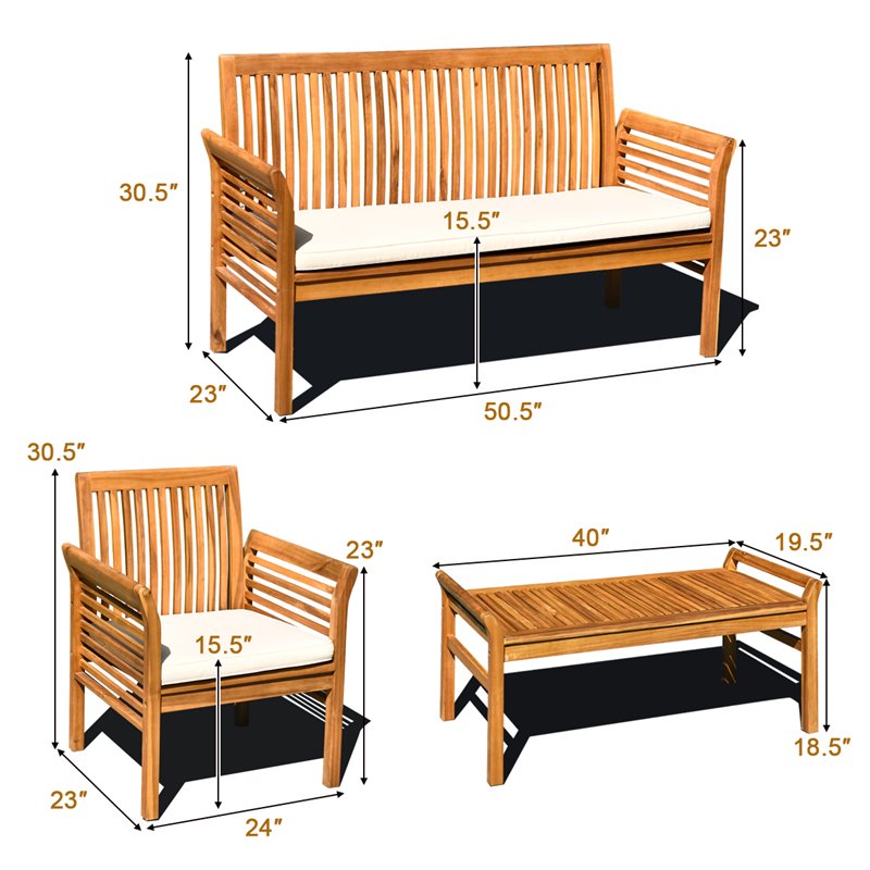 Pemberly Row 4-Pc Wood Outdoor Sofa Furniture Set with Coffee Table in Natural