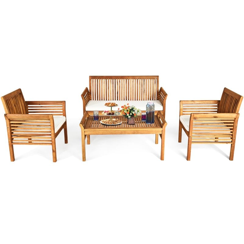 Pemberly Row 4-Pc Wood Outdoor Sofa Furniture Set with Coffee Table in Natural