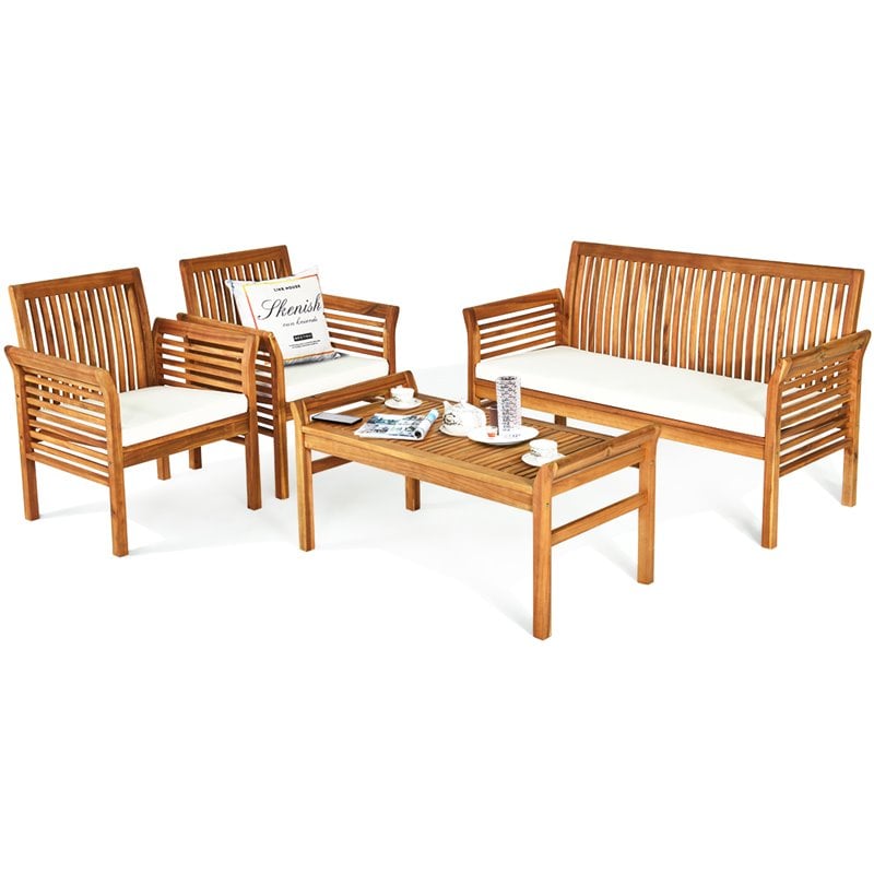 Pemberly Row 4-Pc Wood Outdoor Sofa Furniture Set with Coffee Table in Natural