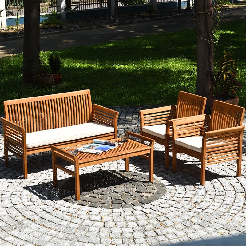 Pemberly Row 4-Pc Wood Outdoor Sofa Furniture Set with Coffee Table in Natural