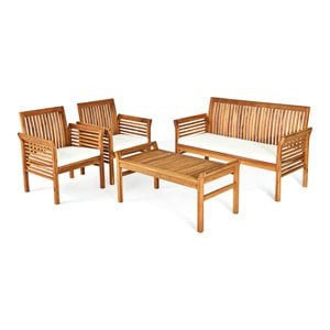 Pemberly Row 4-Pc Wood Outdoor Sofa Furniture Set with Coffee Table in Natural