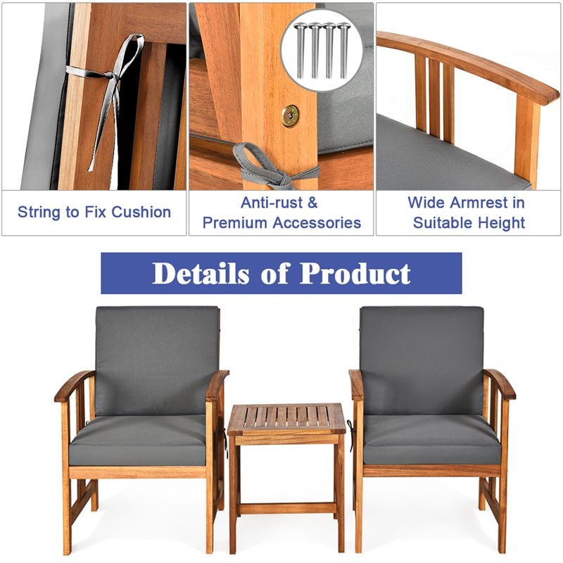 Pemberly Row 3-Pc Acacia Wood Patio Sofa Set with Sloping Back in Natural/Gray