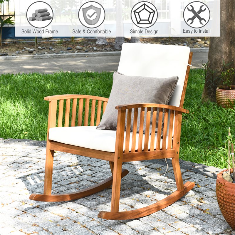 Pemberly Row Acacia Wood Patio Rocking Chair with Cushion in Natural