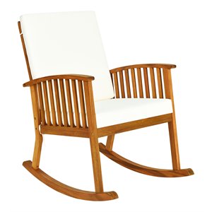 Pemberly Row Acacia Wood Patio Rocking Chair with Cushion in Natural