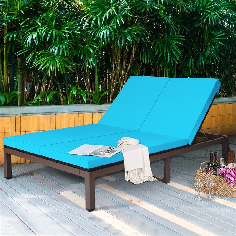 Pemberly Row Rattan 2-Person Patio Lounge Chair w/ Backrest in Turquoise