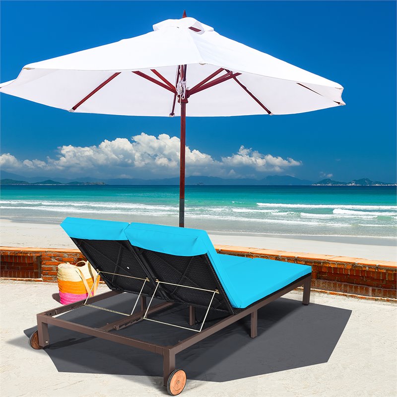 Pemberly Row Rattan 2-Person Patio Lounge Chair w/ Backrest in Turquoise