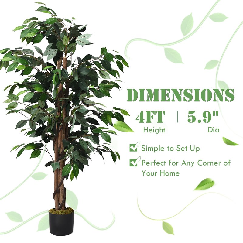 Pemberly Row 4-feet Polyester Fabric Artificial Ficus Silk Tree in Green