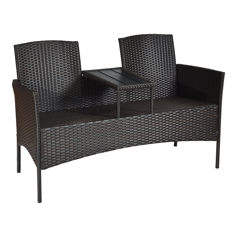 Pemberly Row Rattan Steel Patio Loveseat Sofa Set with 2 Thick Cushions in Beige