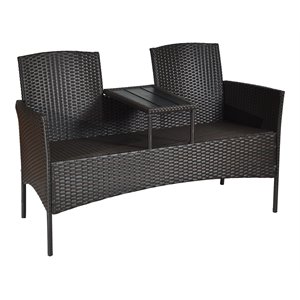 Pemberly Row Rattan Steel Patio Loveseat Sofa Set with 2 Thick Cushions in Beige