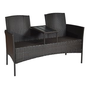 Pemberly Row Rattan Steel Patio Loveseat Sofa Set with 2 Thick Cushions in Red