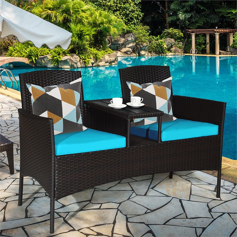 Pemberly Row Rattan Steel Patio Loveseat Sofa Set w/ 2 Thick Cushions-Turquoise