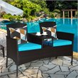 Pemberly Row Rattan Steel Patio Loveseat Sofa Set w/ 2 Thick Cushions-Turquoise