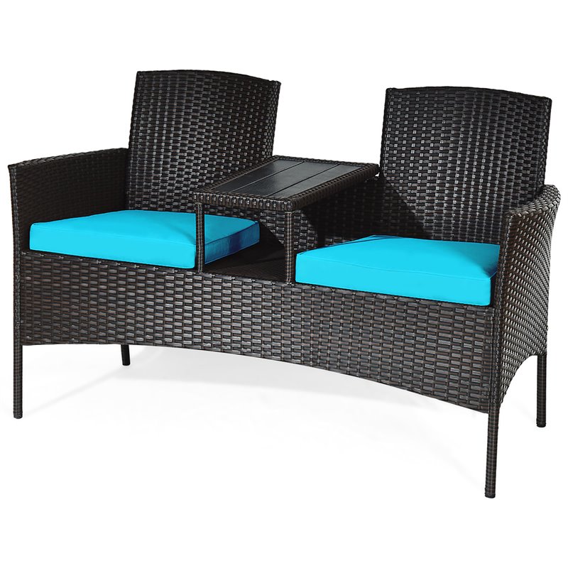Pemberly Row Rattan Steel Patio Loveseat Sofa Set w/ 2 Thick Cushions-Turquoise