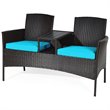 Pemberly Row Rattan Steel Patio Loveseat Sofa Set w/ 2 Thick Cushions-Turquoise
