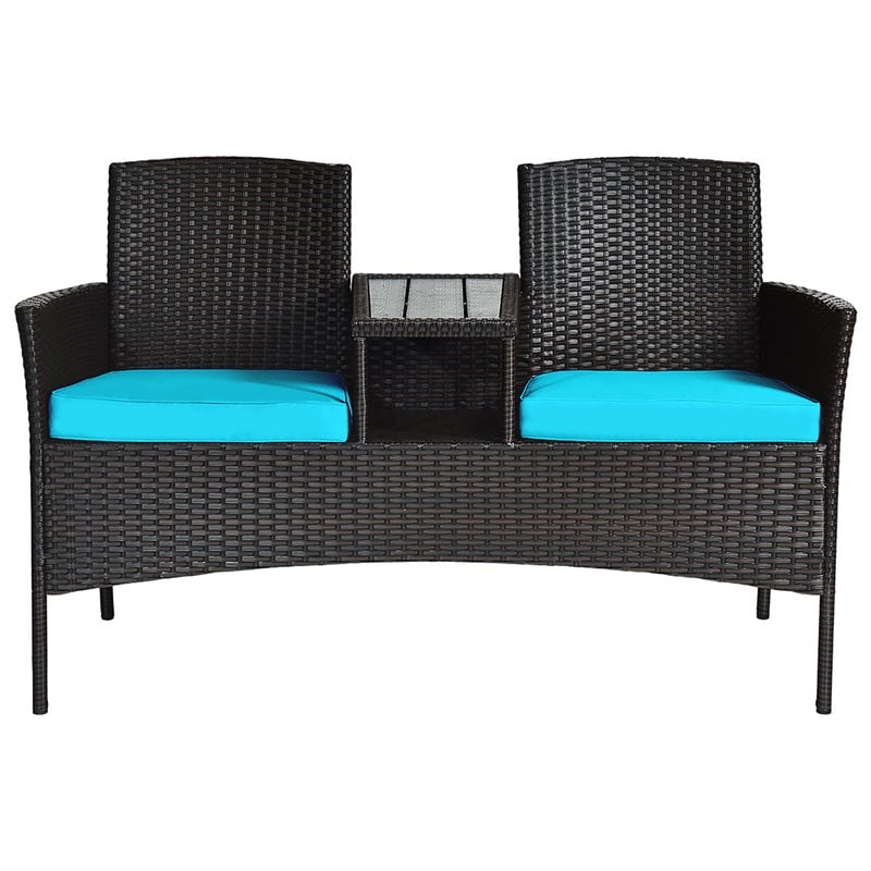 Pemberly Row Rattan Steel Patio Loveseat Sofa Set w/ 2 Thick Cushions-Turquoise