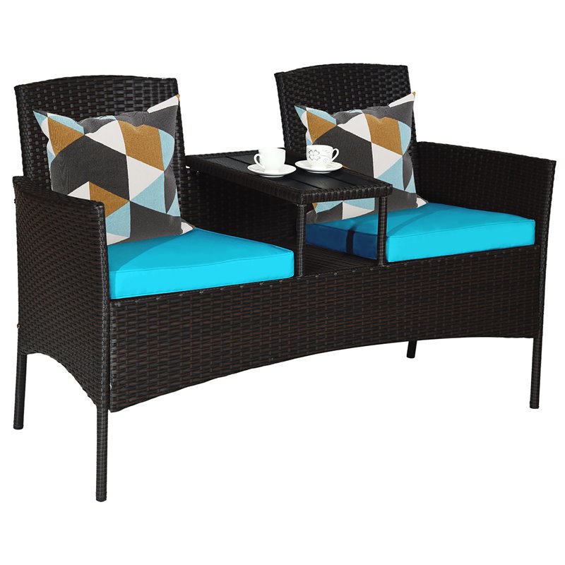Pemberly Row Rattan Steel Patio Loveseat Sofa Set w/ 2 Thick Cushions-Turquoise