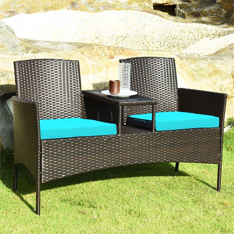 Pemberly Row Rattan Steel Patio Loveseat Sofa Set w/ 2 Thick Cushions-Turquoise