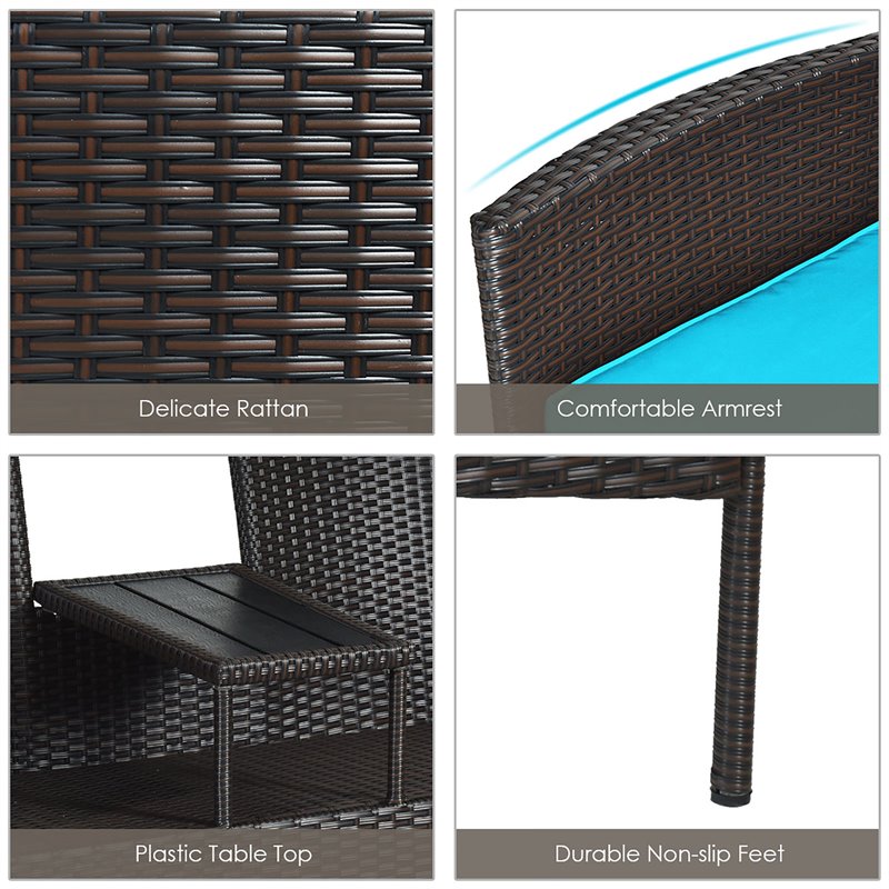 Pemberly Row Rattan Steel Patio Loveseat Sofa Set w/ 2 Thick Cushions-Turquoise