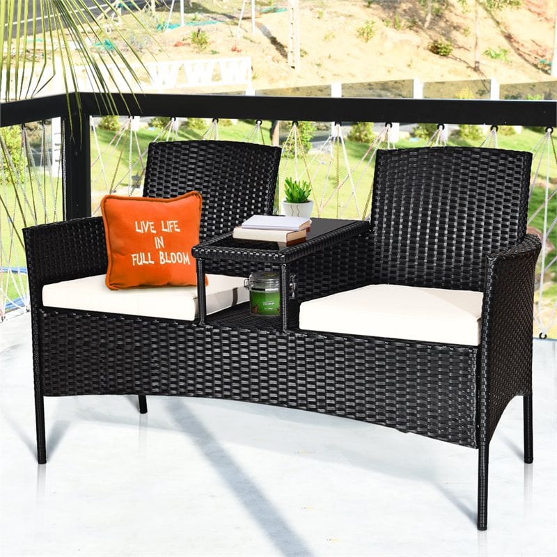 Pemberly Row Rattan and Metal Cushioned Seat Patio Conversation Set in Black