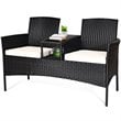 Pemberly Row Rattan and Metal Cushioned Seat Patio Conversation Set in Black