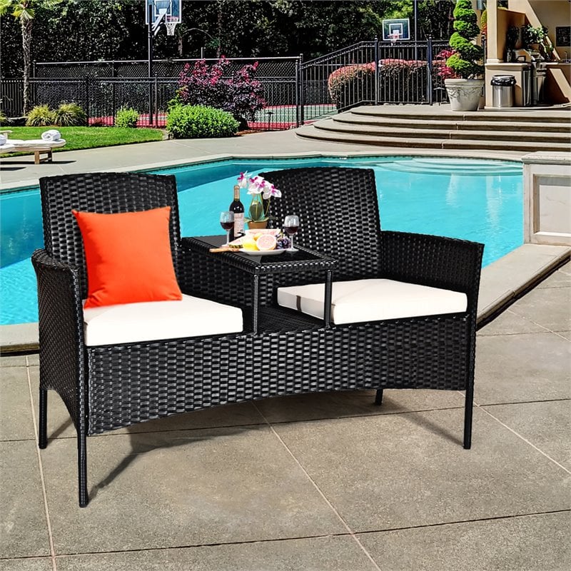 Pemberly Row Rattan and Metal Cushioned Seat Patio Conversation Set in Black