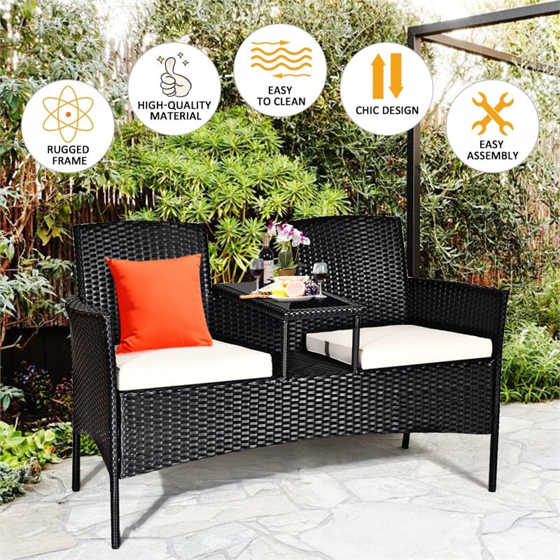 Pemberly Row Rattan and Metal Cushioned Seat Patio Conversation Set in Black