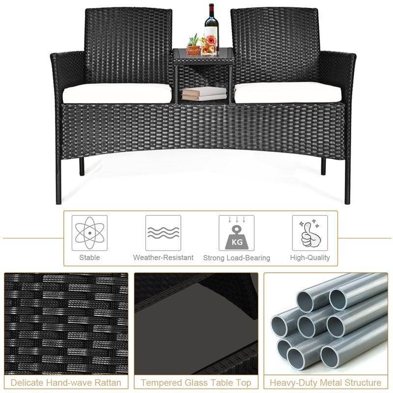 Pemberly Row Rattan and Metal Cushioned Seat Patio Conversation Set in Black