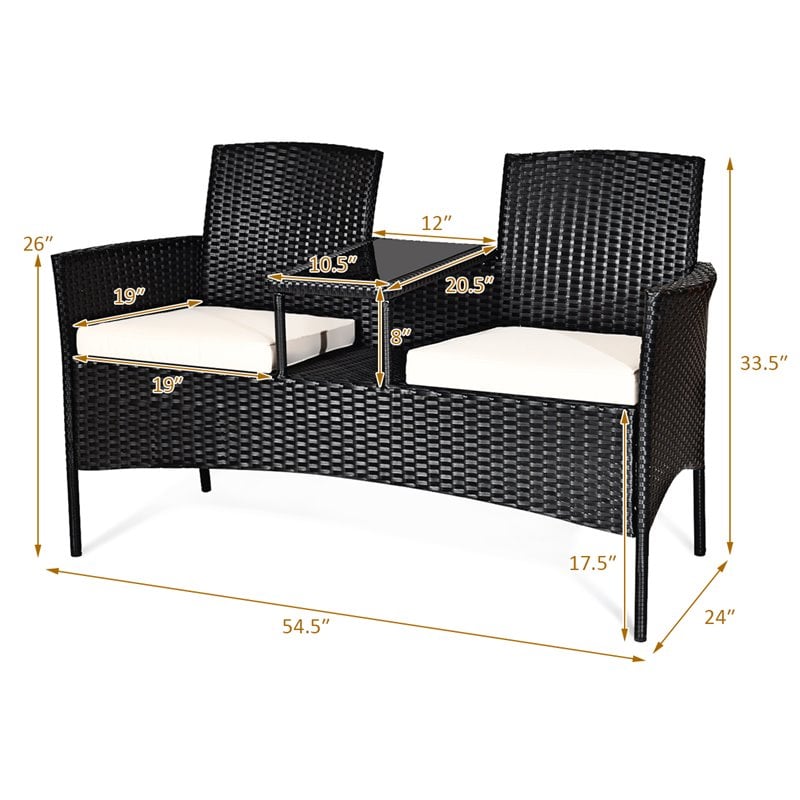 Pemberly Row Rattan and Metal Cushioned Seat Patio Conversation Set in Black