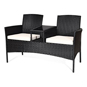 Pemberly Row Rattan and Metal Cushioned Seat Patio Conversation Set in Black