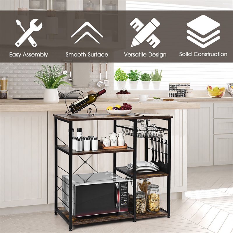 Pemberly Row Wood & Steel Kitchen Baker's Rack with 6 Hooks in Black
