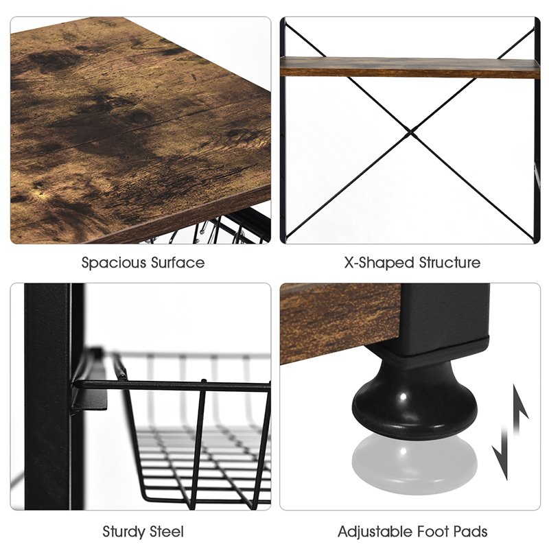 Pemberly Row Wood & Steel Kitchen Baker's Rack with 6 Hooks in Black