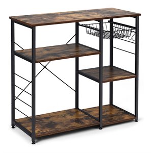 Pemberly Row Wood & Steel Kitchen Baker's Rack with 6 Hooks in Black