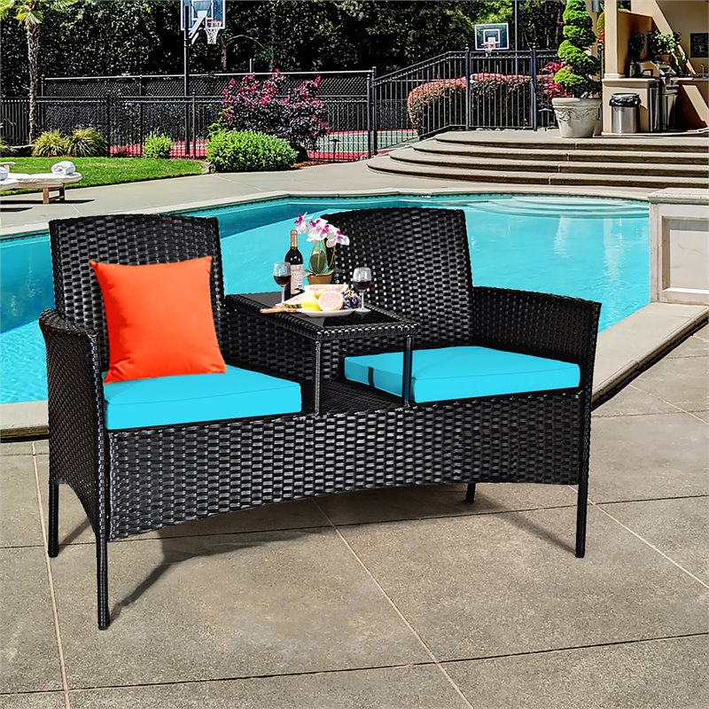 Pemberly Row Rattan and Metal Cushioned Seat Patio Conversation Set in Turquoise