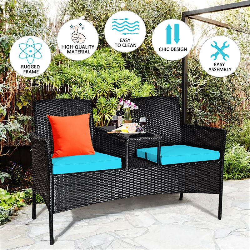 Pemberly Row Rattan and Metal Cushioned Seat Patio Conversation Set in Turquoise