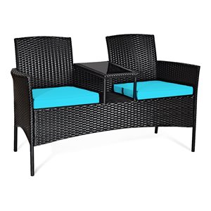 Pemberly Row Rattan and Metal Cushioned Seat Patio Conversation Set in Turquoise