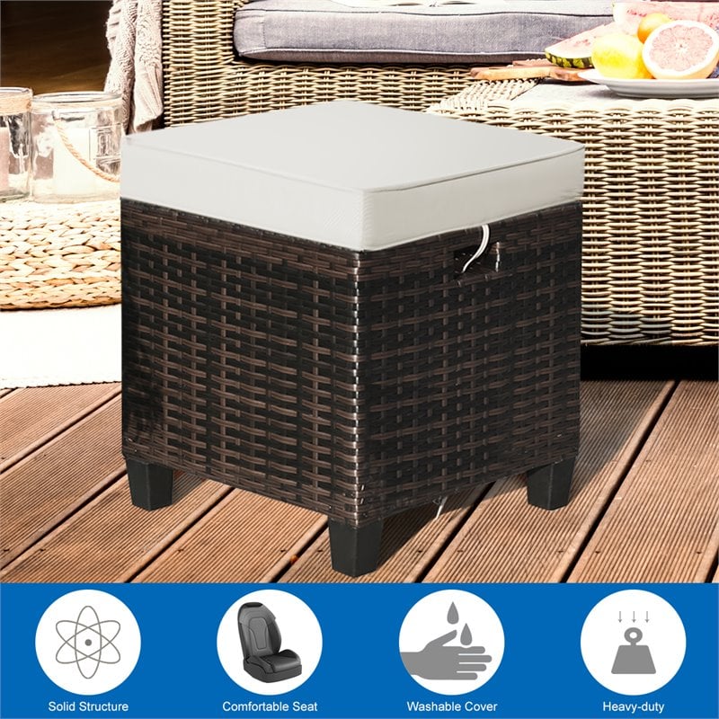 Pemberly Row Rattan Cushioned Seat Patio Rattan Ottoman in Brown (Set of 2)