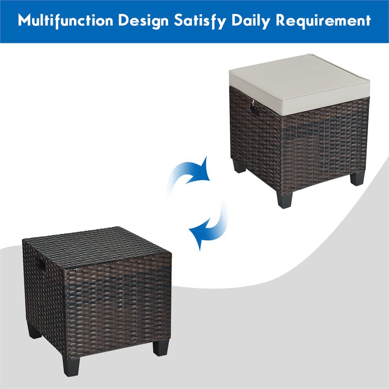 Pemberly Row Rattan Cushioned Seat Patio Rattan Ottoman in Brown (Set of 2)