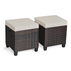 Pemberly Row Rattan Cushioned Seat Patio Rattan Ottoman in Brown (Set of 2)
